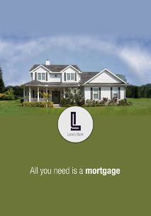 Fictitious advert showing a large white house surrounded by grass, Lane's Bank logo, and the caption "All you need is a mortgage"