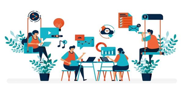This vibrant, cartoon-style image shows workers in a variety of settings, with pictures of emails, graphs and ideas leaping out of their laptop screens.