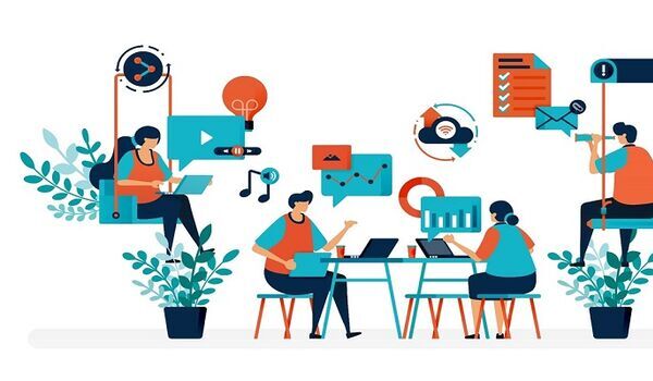 This vibrant, cartoon-style image shows workers in a variety of settings, with pictures of emails, graphs and ideas leaping out of their laptop screens.