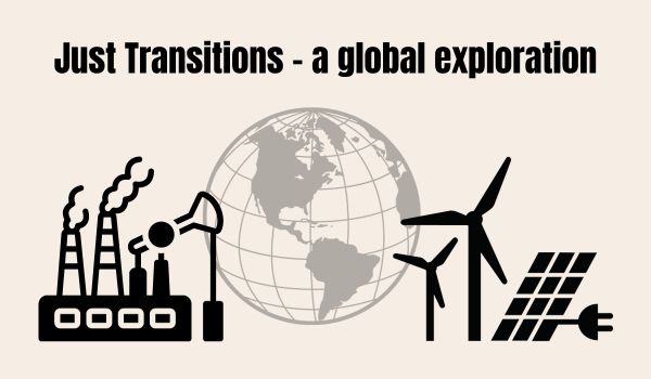 Podcast artwork - outline of a power plant and a wind farm in front of a globe