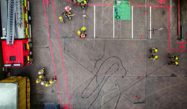 Birds eye view of fire service training activity