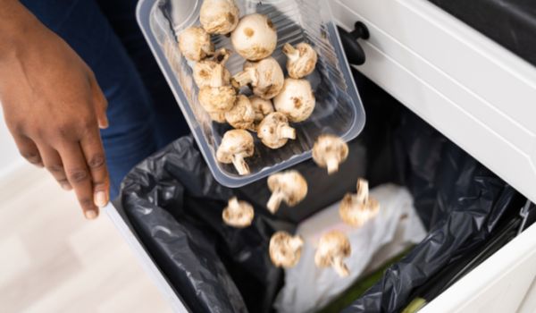 Pack of mushrooms being thrown into a bin