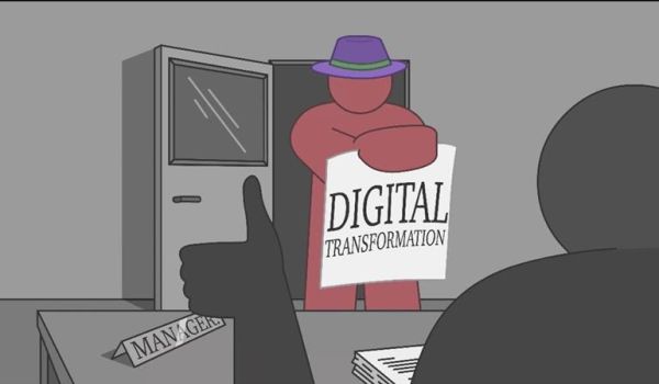 A still from an animated video. An outline of a person is holding up a sign saying "digital transformation" in front of an outline of a person sat at a desk with their thumb up.