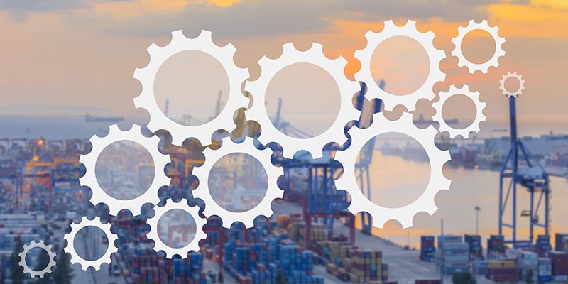 Graphic of cogs and a dock