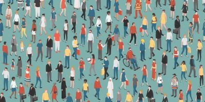Graphic design image of diverse range of people blue background
