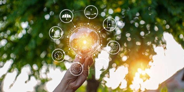 Hand holding a light bulb surrounded by sustainability concept icons