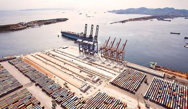 Arial shot of shipping containers on a dock