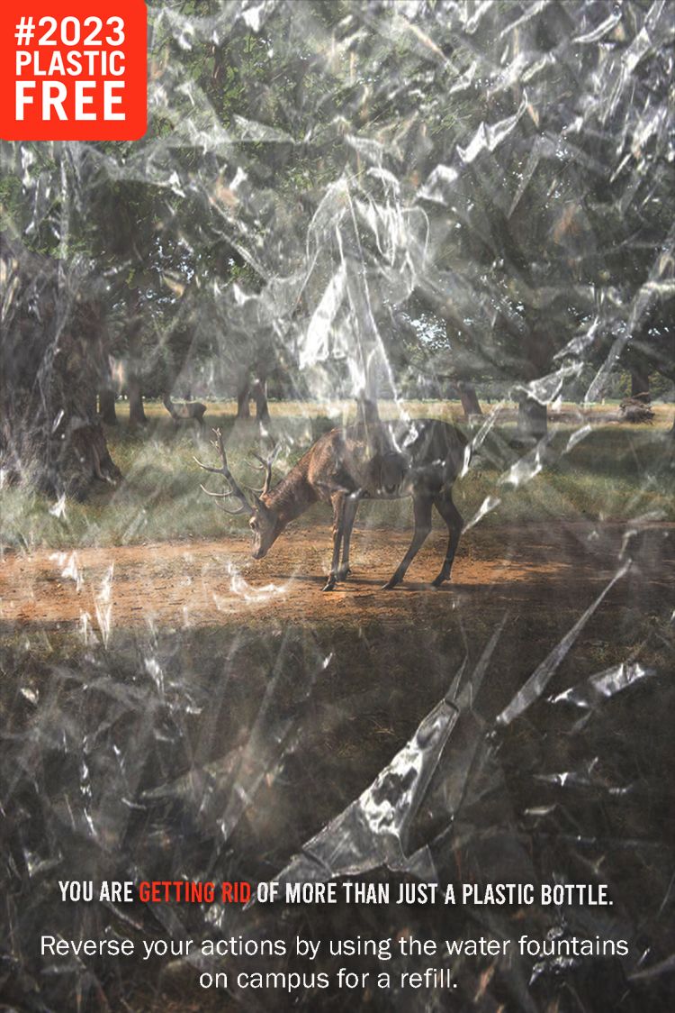 Winning poster showing a deer through a plastic effect with wording 'you are getting rid of more than just a plastic bottle'.