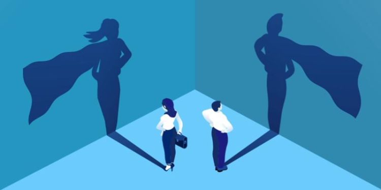 Two business people with superhero shadows