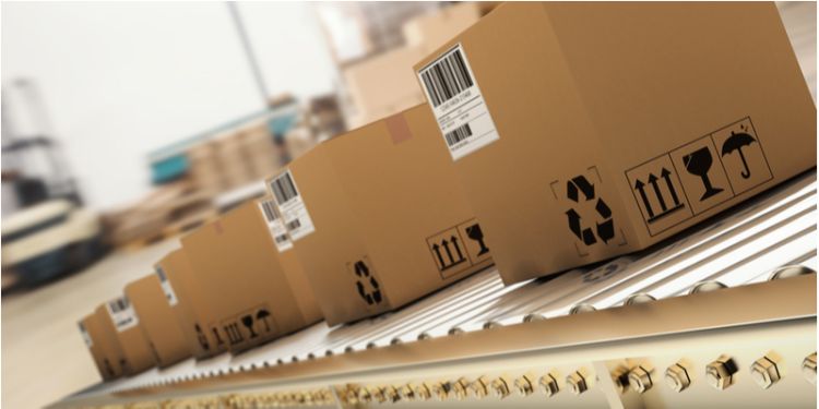 Boxes on a conveyor belt in a factory